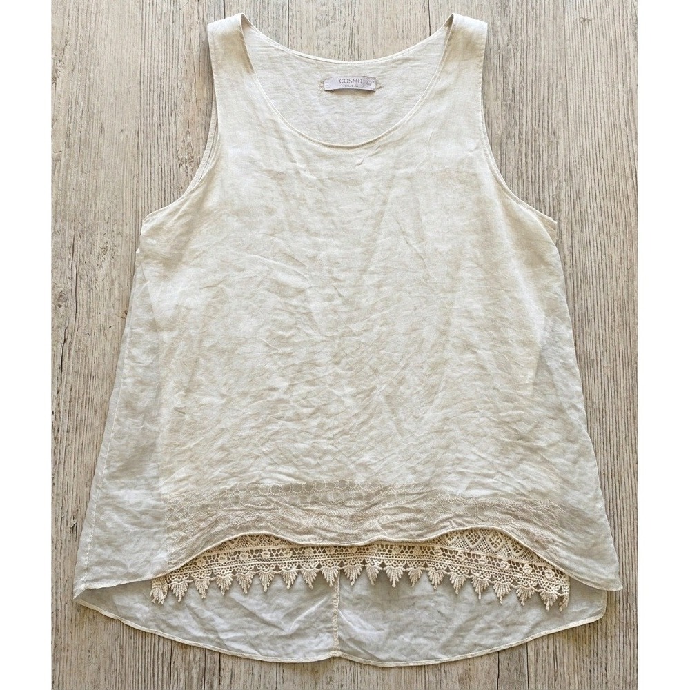 Cosmo Tank Top Womens Medium Beige Made‎ in Italy Lace Trim Layered Silk Overlay